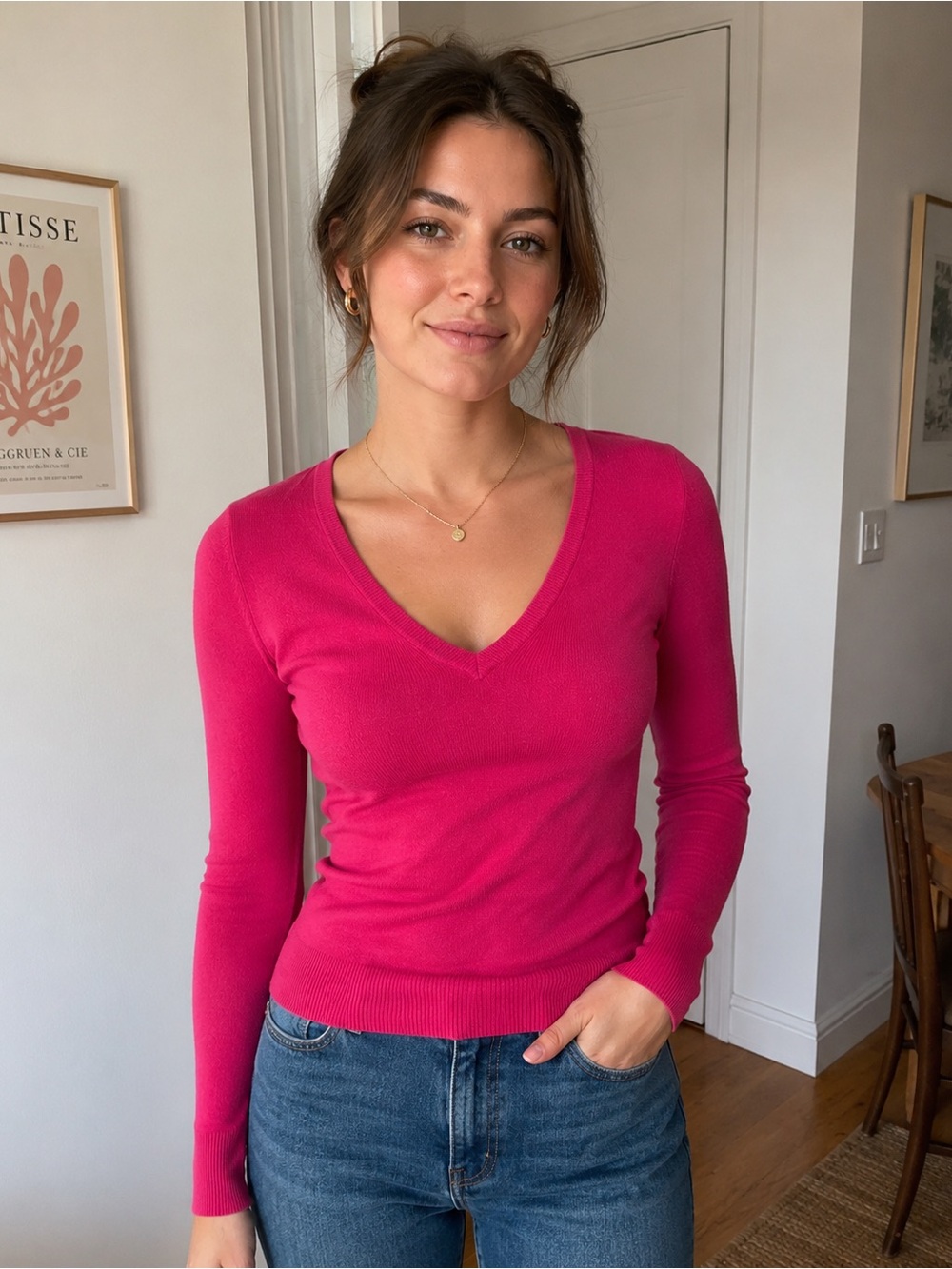 Prada Hot Pink V-Neck Ling Sleeve Sweater Size 40